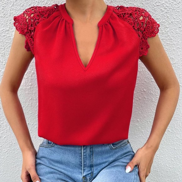 Red Preppy Womens Contrast Guipure Lace Raglan Sleeve Blouse - Picture 1 of 5